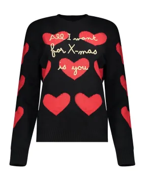 Maglione All I Want For XMas nero cuori rossi