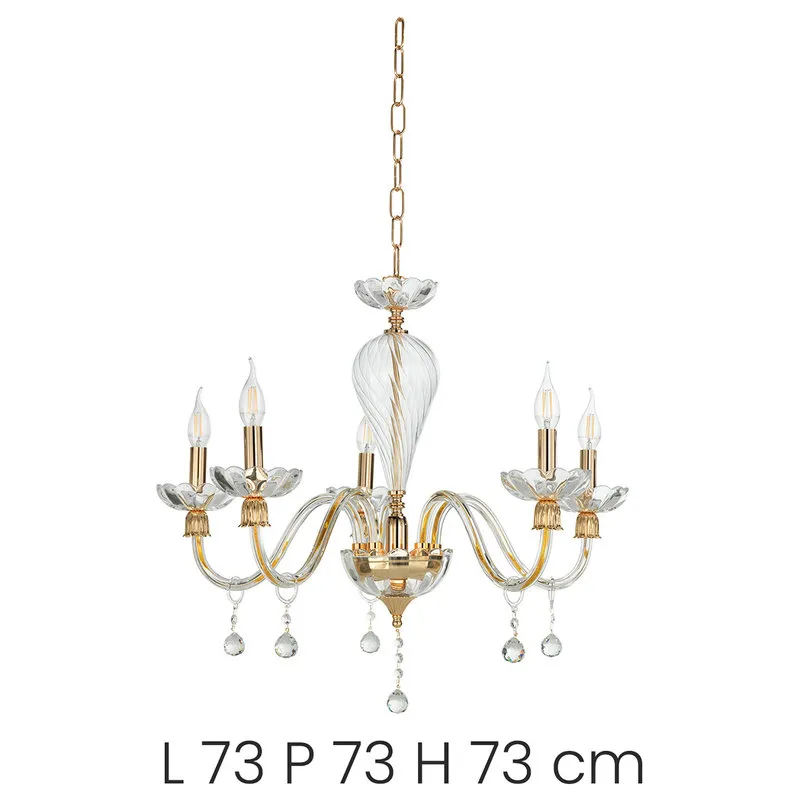Ondaluce Lampadario Roxanne/5 in vetro soffiato lavorato a mano, trasparente/oro